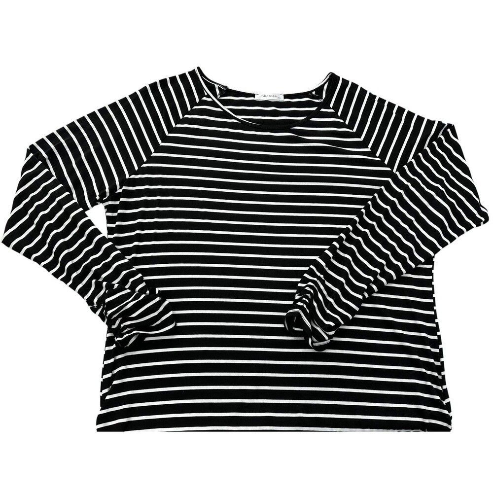 SHEROSA Womens 2XL Black & White Striped Jersey Tunic Top Ruched Sides & Sleeves